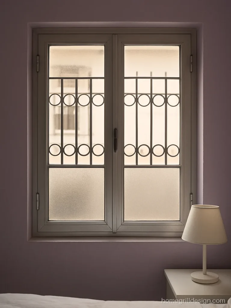 Glass window design for bedroom with frosted lower half and clear upper panes