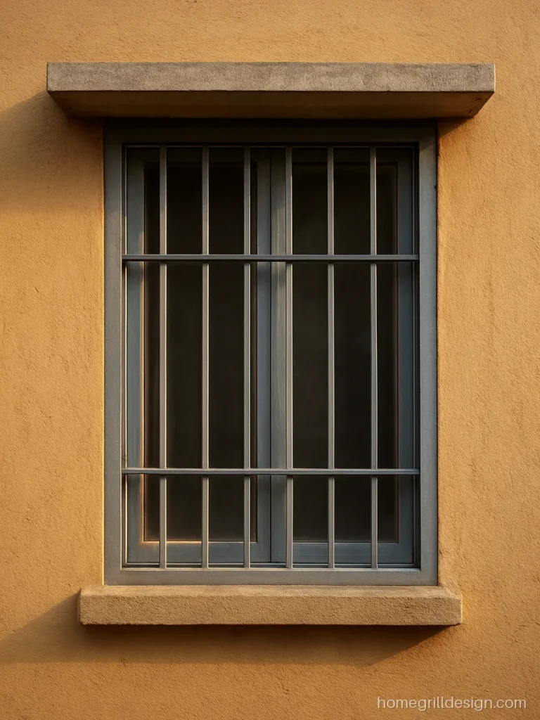 Iron window design with glass in a grey steel frame and inbuilt grill