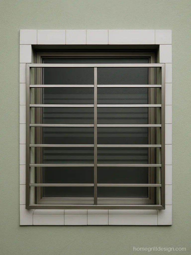 Bathroom window glass with sandblasted stripes behind a stainless steel grill