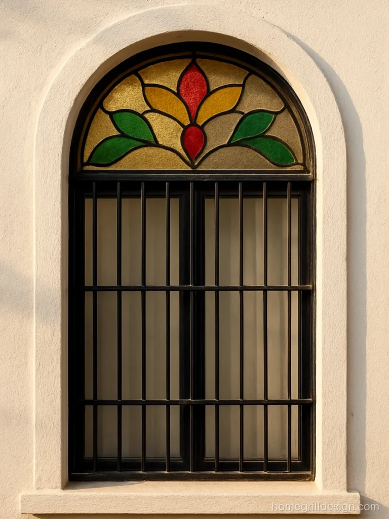 Stained glass look flower panel in an arched window with iron grill