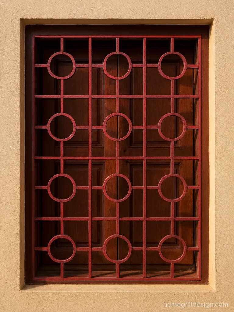 Metal grill design of MS flat strip circles painted maroon on a dining room window