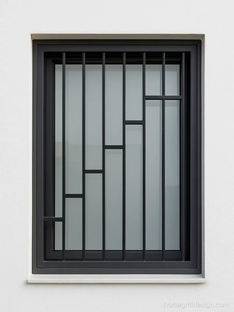 Modern MS grill design with square bars in a stepped pattern on a white wall