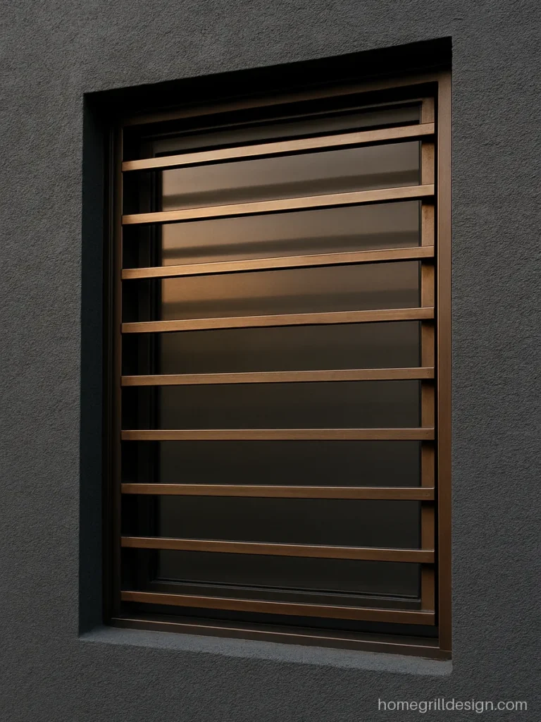 Iron pipe grill with horizontal rectangular slats in bronze on a high window