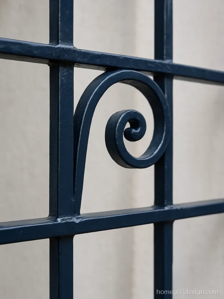 Close up of a wrought iron flower scroll grill showing smooth welded joints