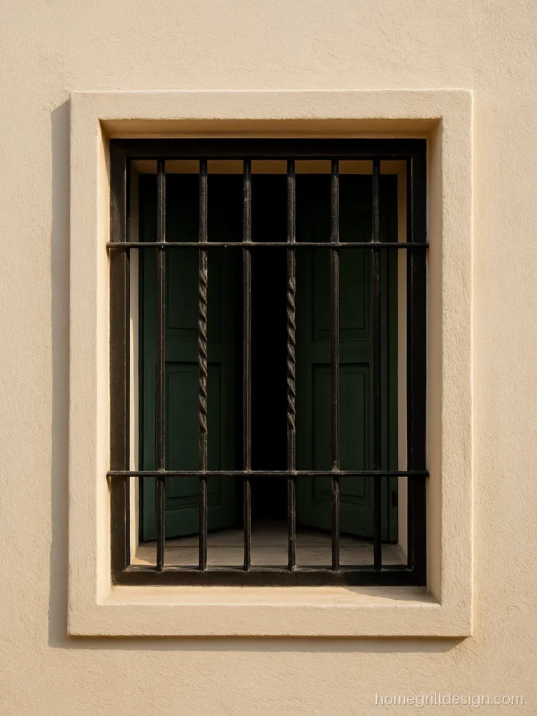 Iron window grill design with twisted MS square bars painted black on a ground floor