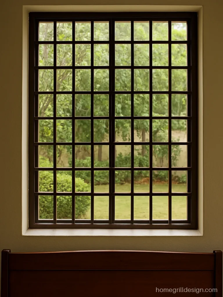 MS square pipe grill design in a brown painted grid on a large hall window