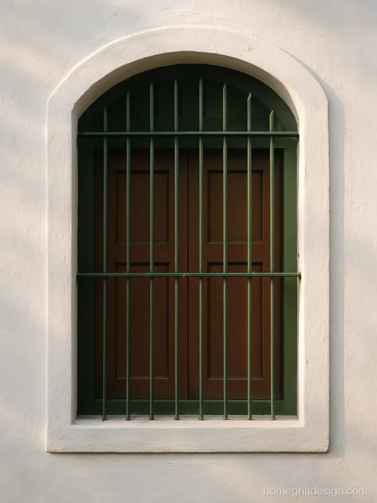 Iron grill design with flat strip arches at the top painted bottle green