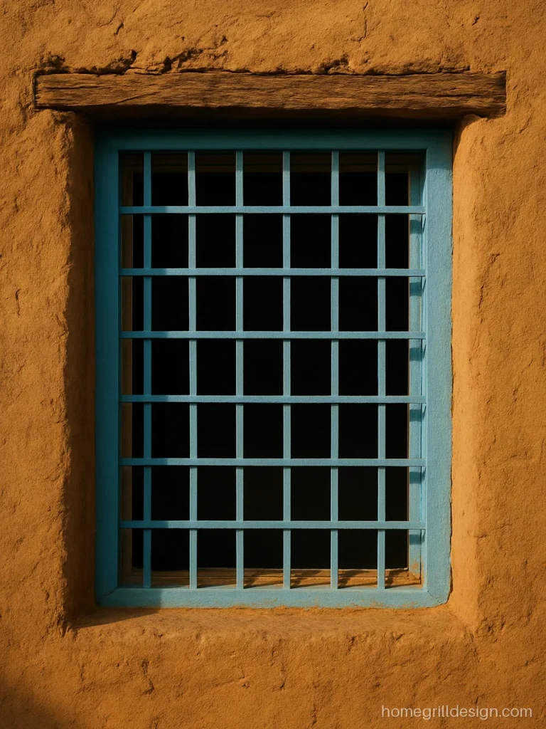 Simple iron grill design in a box frame painted sky blue on a mud plaster wall
