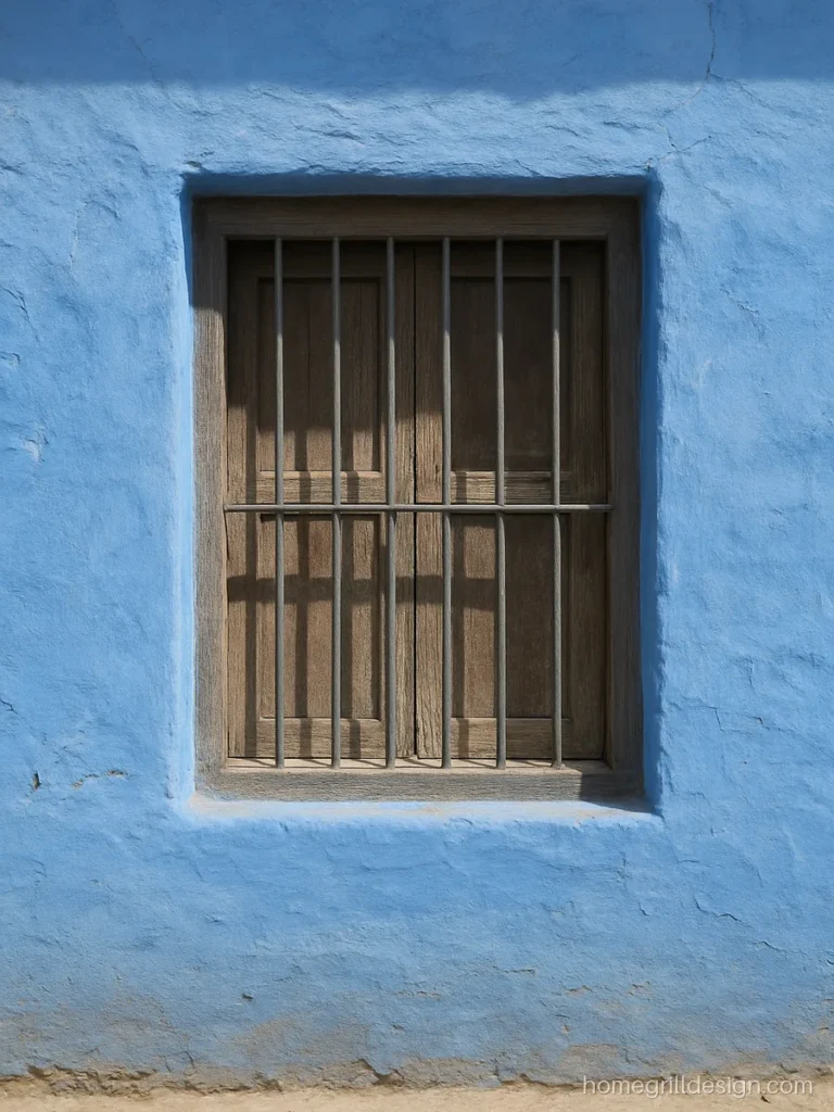 Simple loha grill design with plain round rods on a blue village house wall