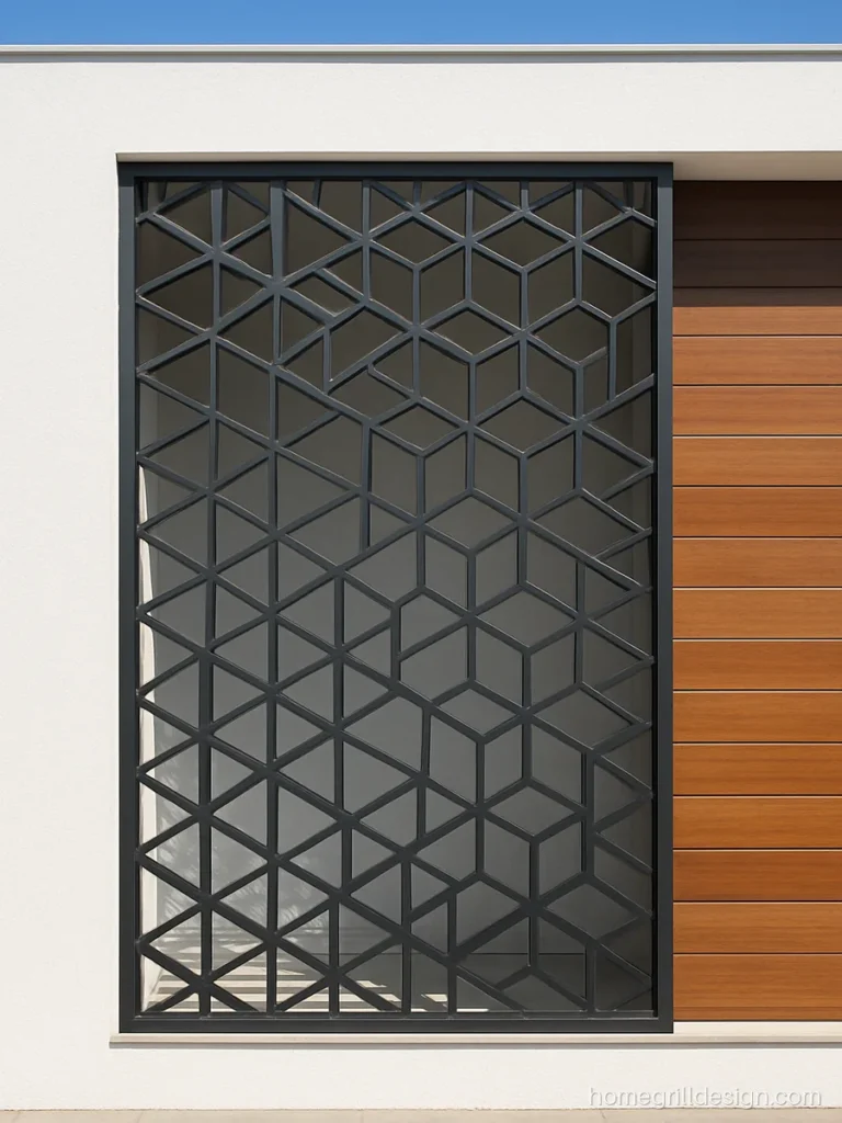 3D grill design with a cube pattern of steel tubes on a modern house front wall