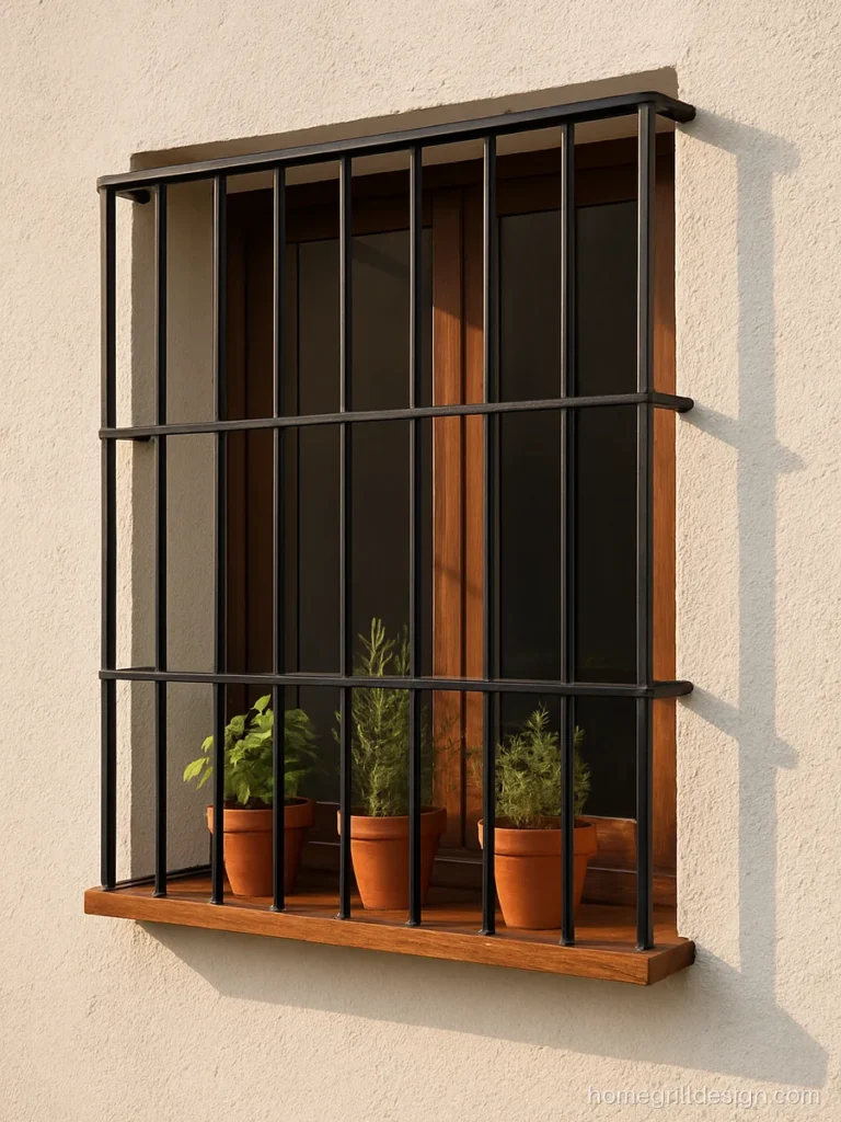 Black gallery grill with a wooden plank shelf on a modern kitchen window