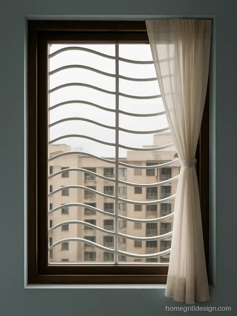 CNC cutting grill design with flowing wave lines in white on a living room window