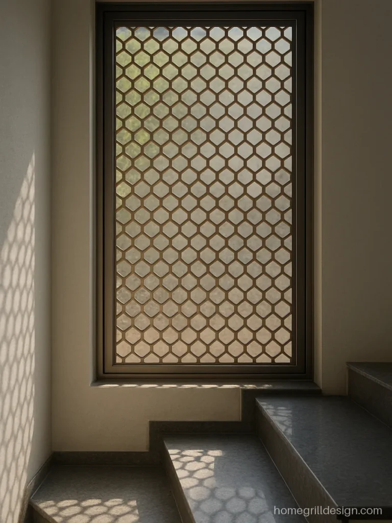 CNC grill design in a hexagon jaali pattern with bronze finish on a stair window
