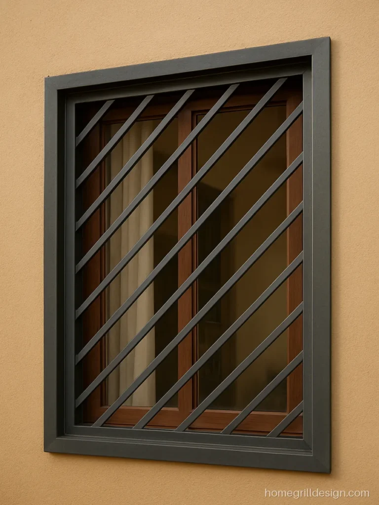 Diagonal line grill design in slate grey flat strip on a home study window