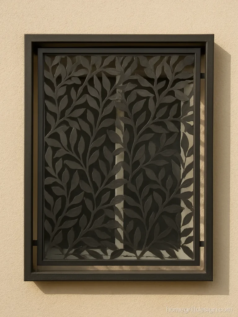 Modern laser cut grill design with a leaf pattern in charcoal on a bedroom window
