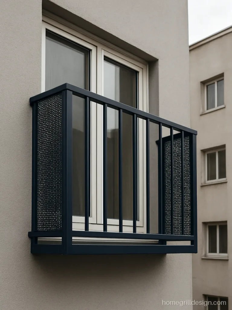 Modern gallery grill with perforated side panels in deep navy blue on a bedroom window