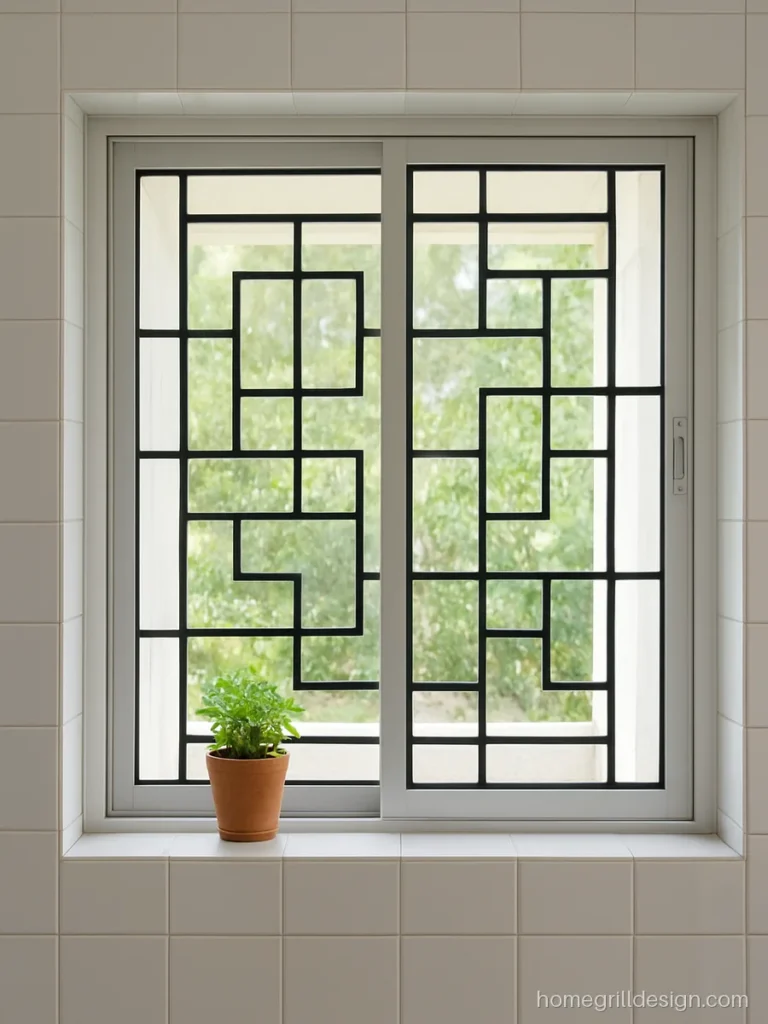 Modern grill pattern of offset rectangles in matt black square bars on a kitchen window