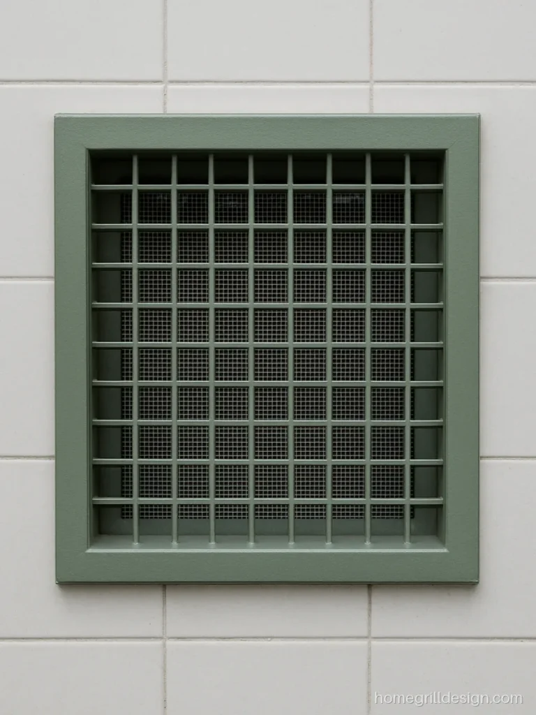 Small modern wall grill with a tight square grid in sage green on a utility wall