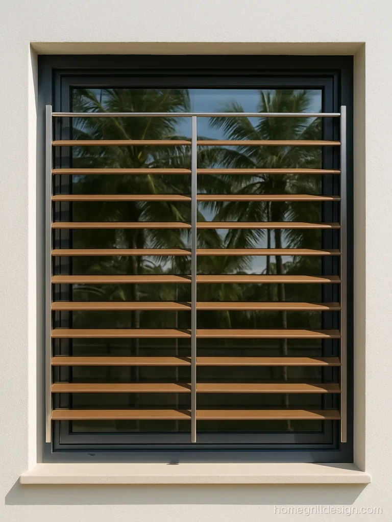 Latest grill design for home with brushed steel uprights and wood-look aluminium louvers