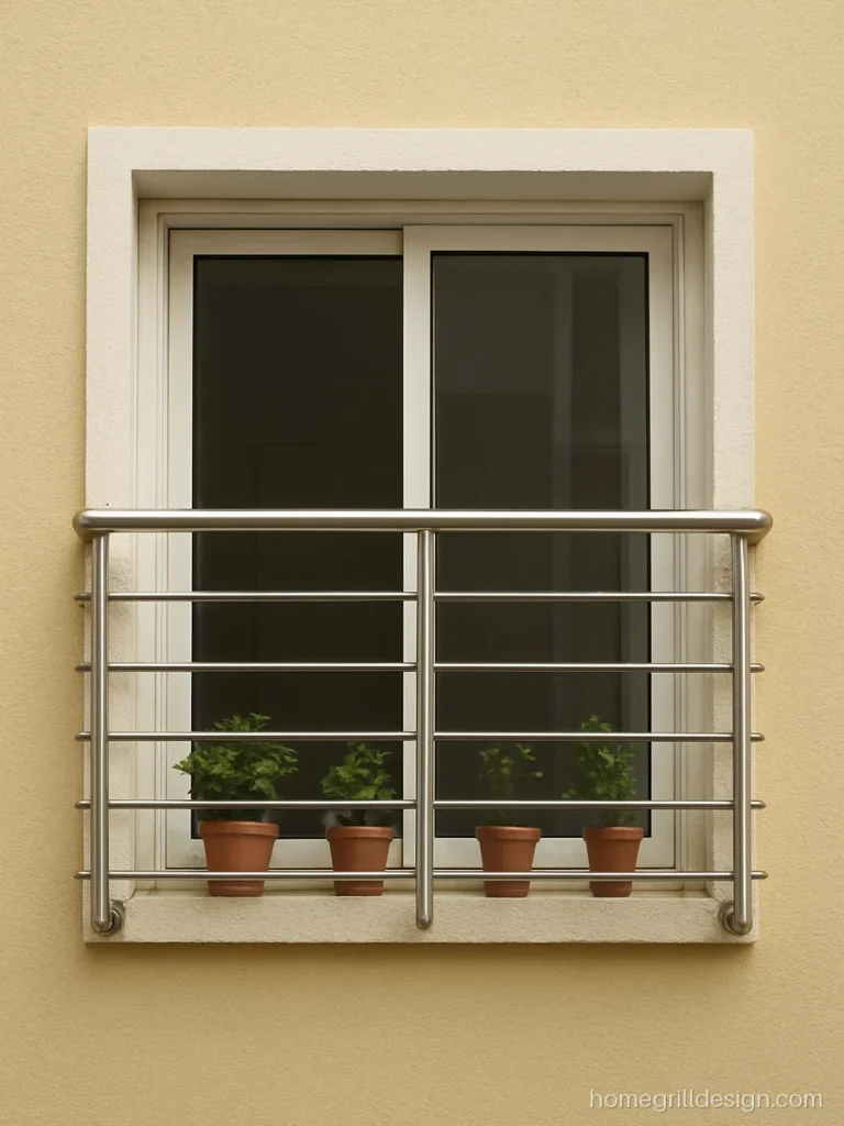 Modern gallery grill design as a satin stainless steel box on a flat window