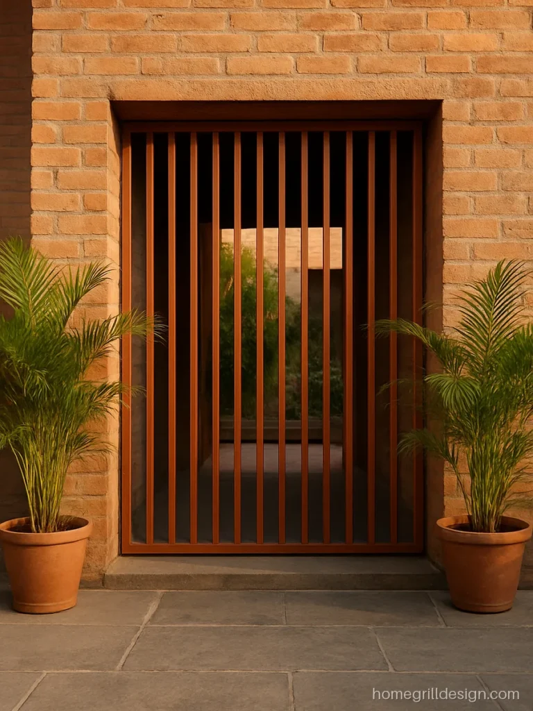 Modern wall grill design with deep vertical fins on a terracotta brick courtyard wall