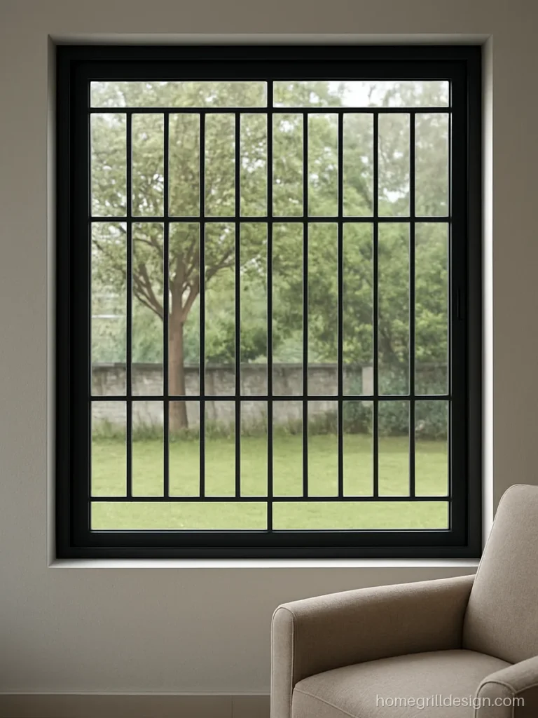 Modern window grill in black matt with slim square tubes on a wide window