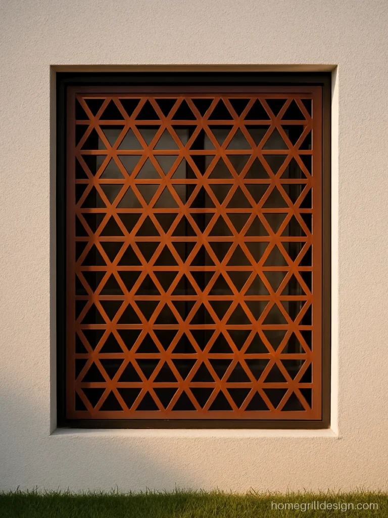 Geometric laser cut window grill with a rusty corten look finish
