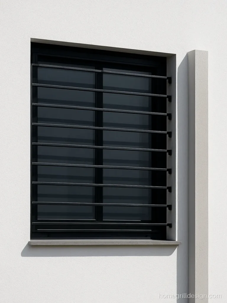 Modern window grill design with thin horizontal lines in black on white