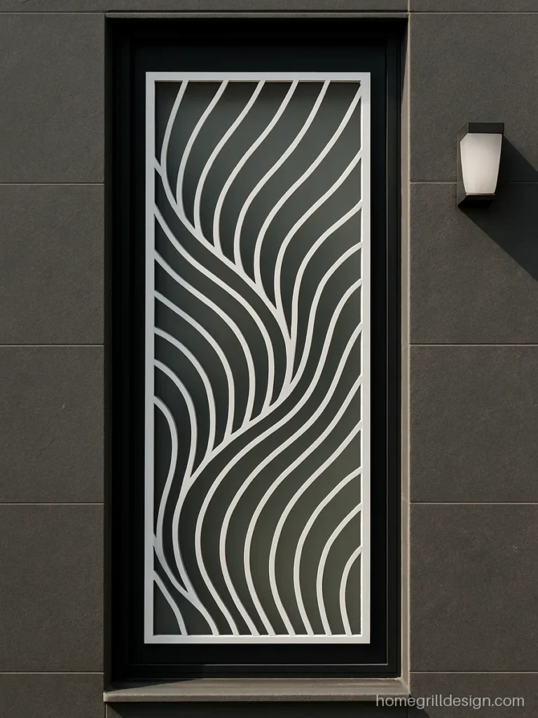 Laser cut wave pattern window grill in white on a staircase window