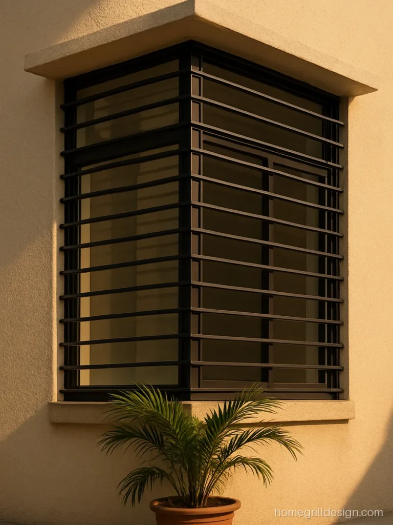 Modern corner window grill with long horizontal tubes wrapping two walls