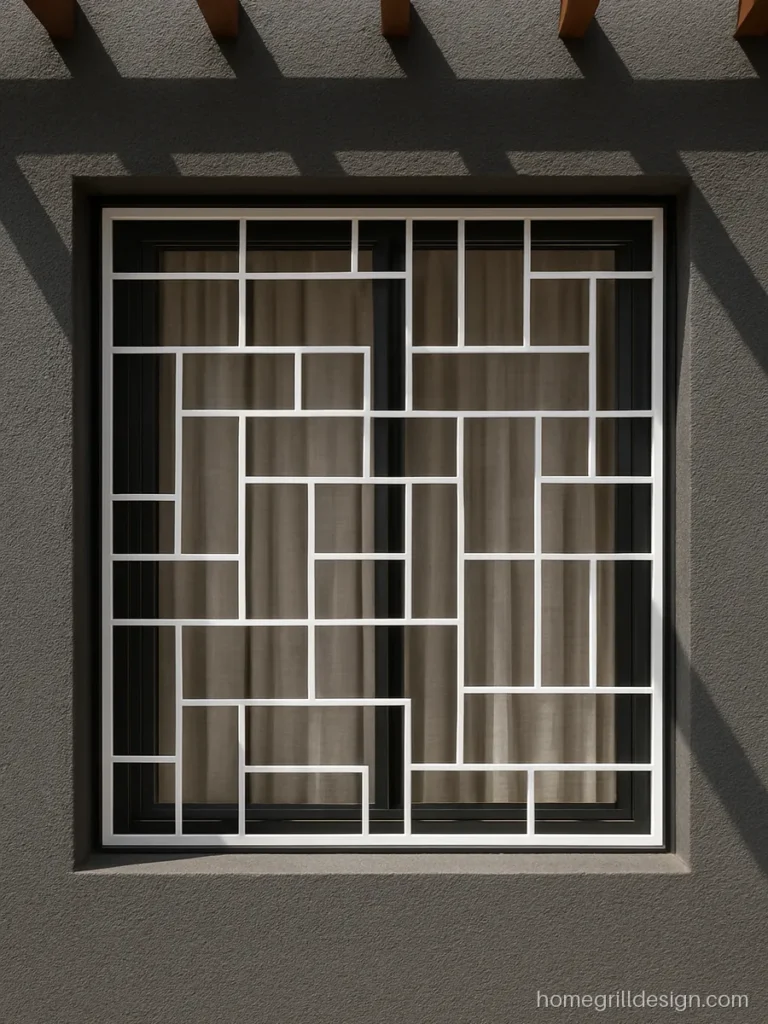 Modern box window grill design with random rectangles in white
