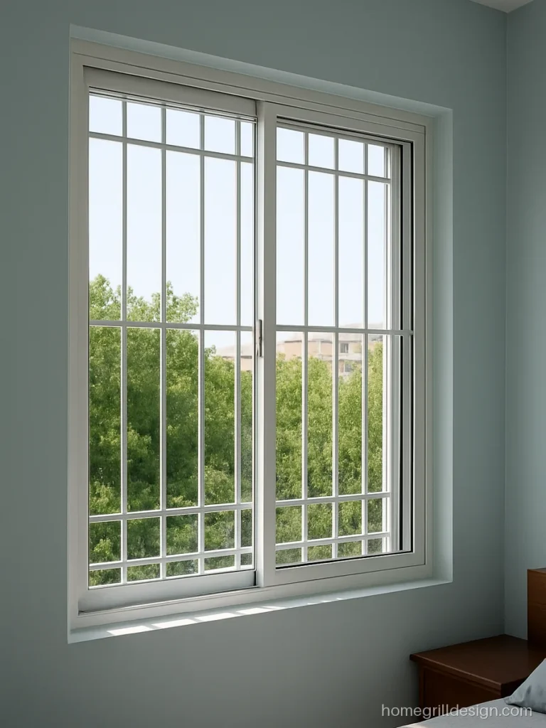 Modern sliding window grill with an openable section in white