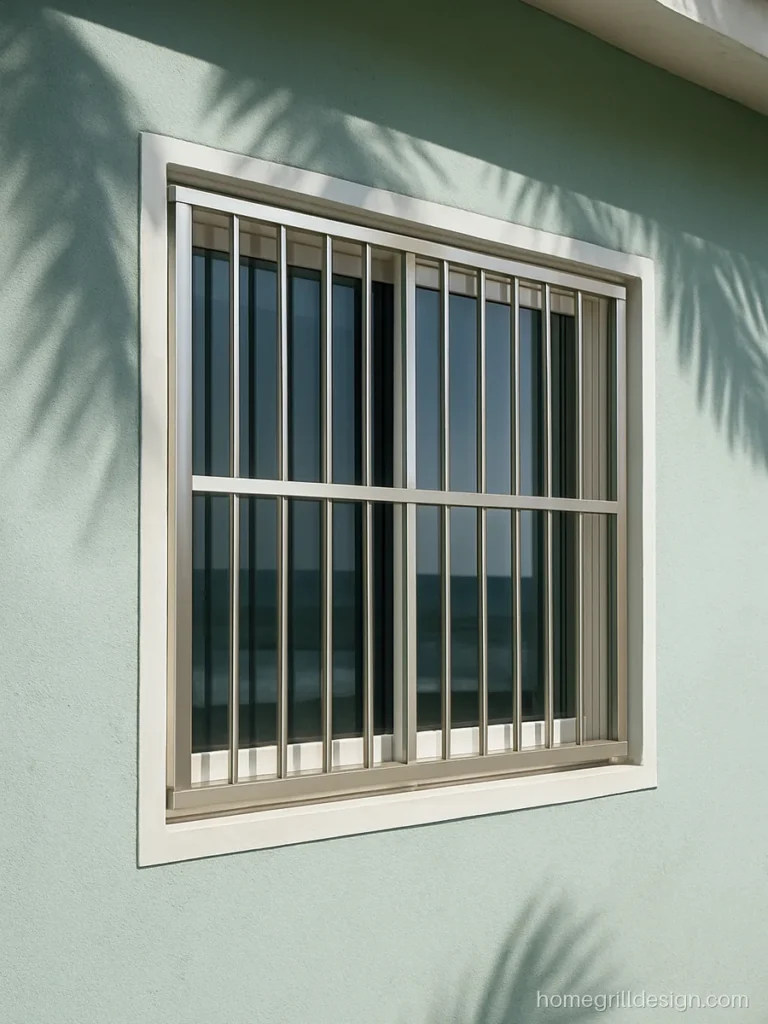 SS satin finish modern grill behind a sliding window near the sea