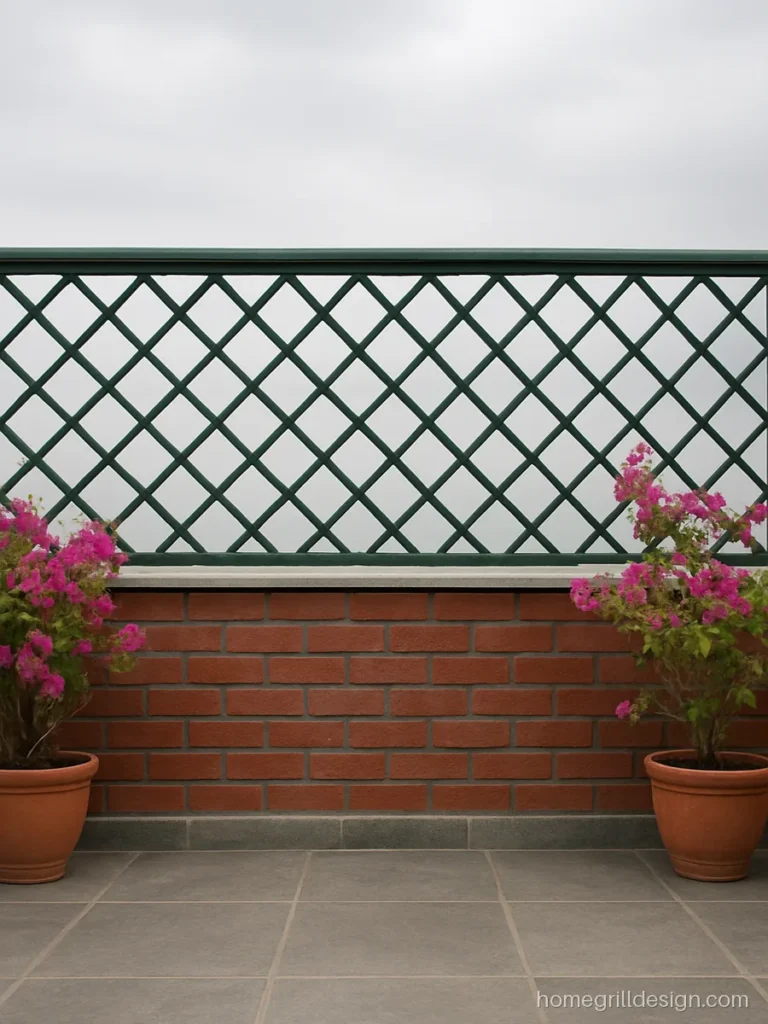 Terrace parapet design with diamond pattern grill on an exposed brick base
