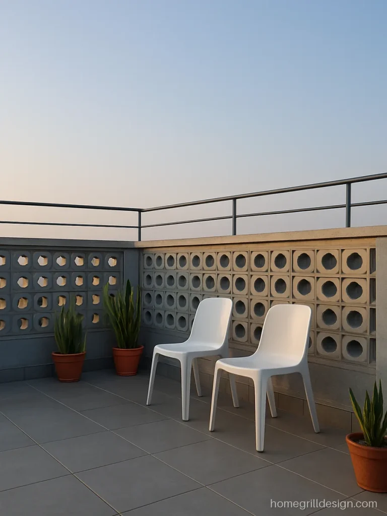 Grey cement jali block parapet in a circle pattern on a modern roof