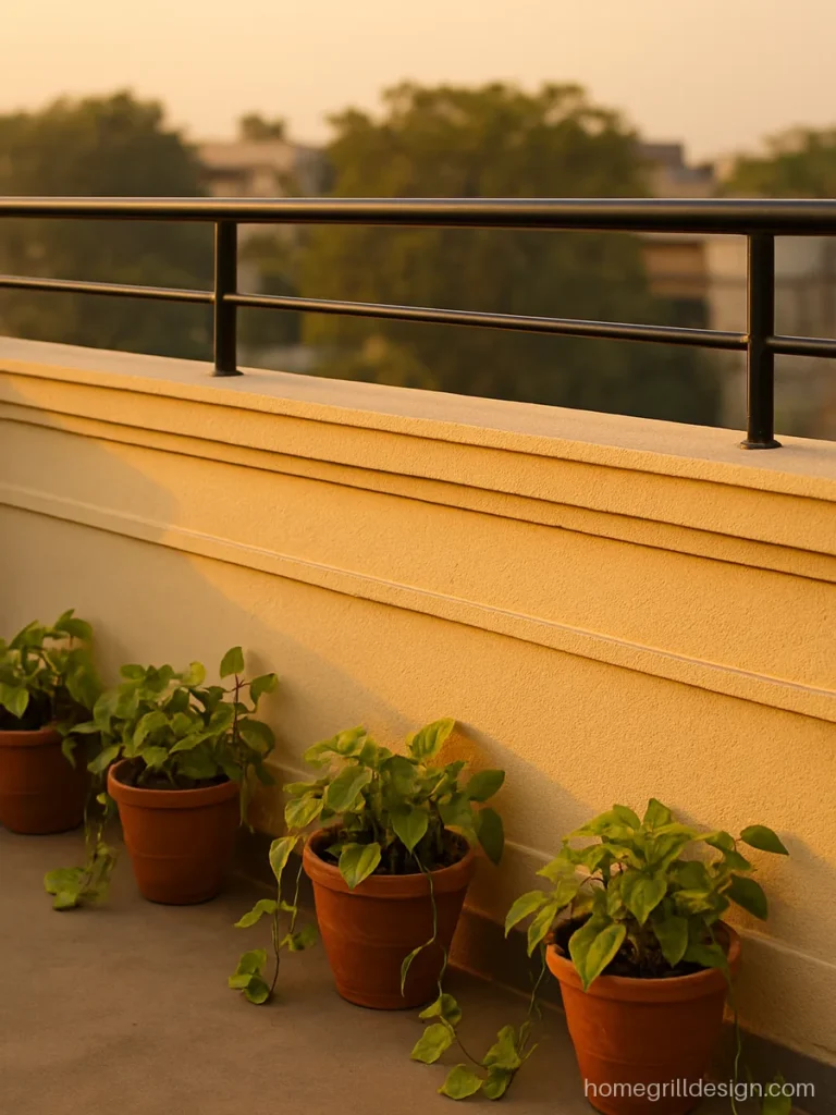 Chhat railing plaster design with raised bands and projecting coping in light yellow