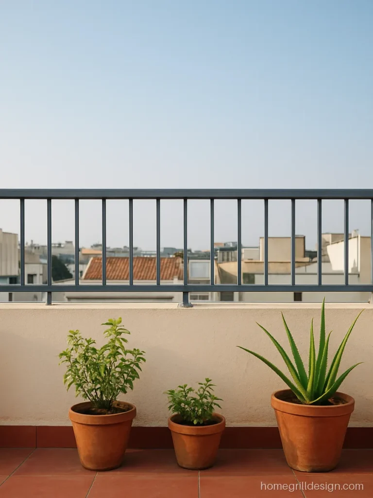 Parapet wall design with grill of grey MS square bars on a cream terrace wall