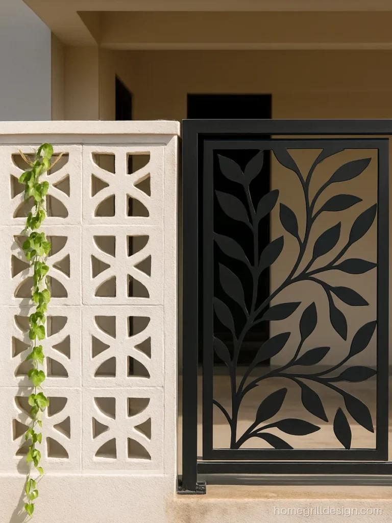 Parapet design image showing jali wall beside a laser cut MS leaf panel grill