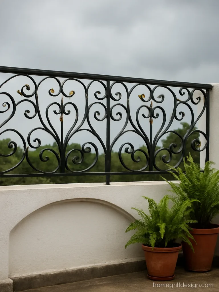 Iron grill design for roof with black scroll and leaf work and gold tips