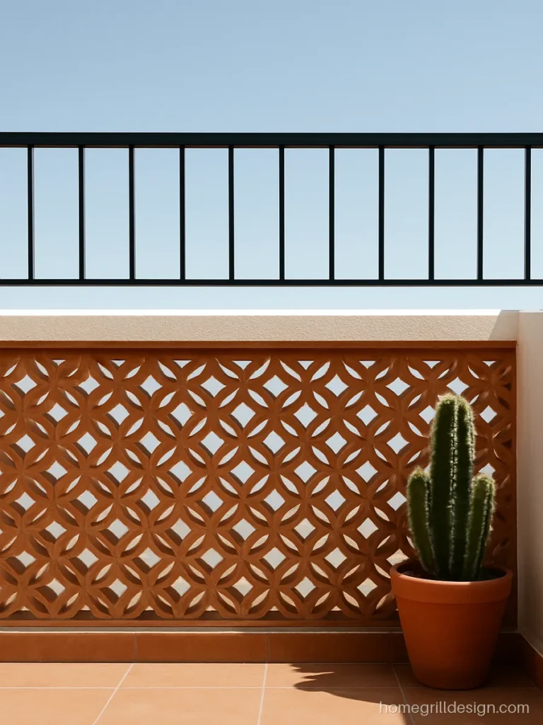Terrace parapet wall design with terracotta jali blocks and a plaster top band