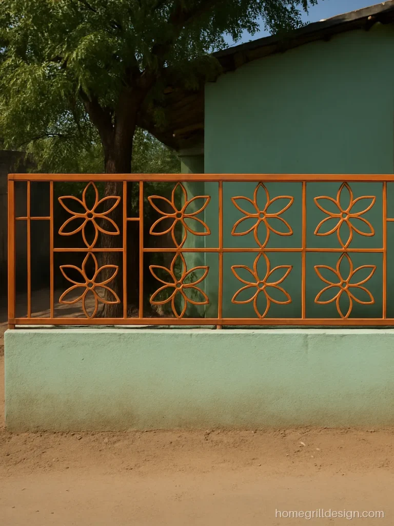 Village house front parapet with green wall and orange flower pattern grill