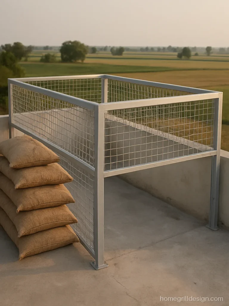 Village roof grill with MS angle frame and welded mesh infill in silver paint