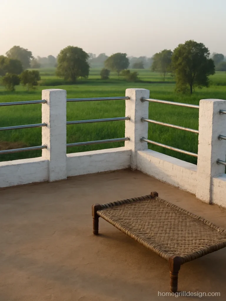 Parapet wall design in village with whitewashed brick pillars and GI pipe rails