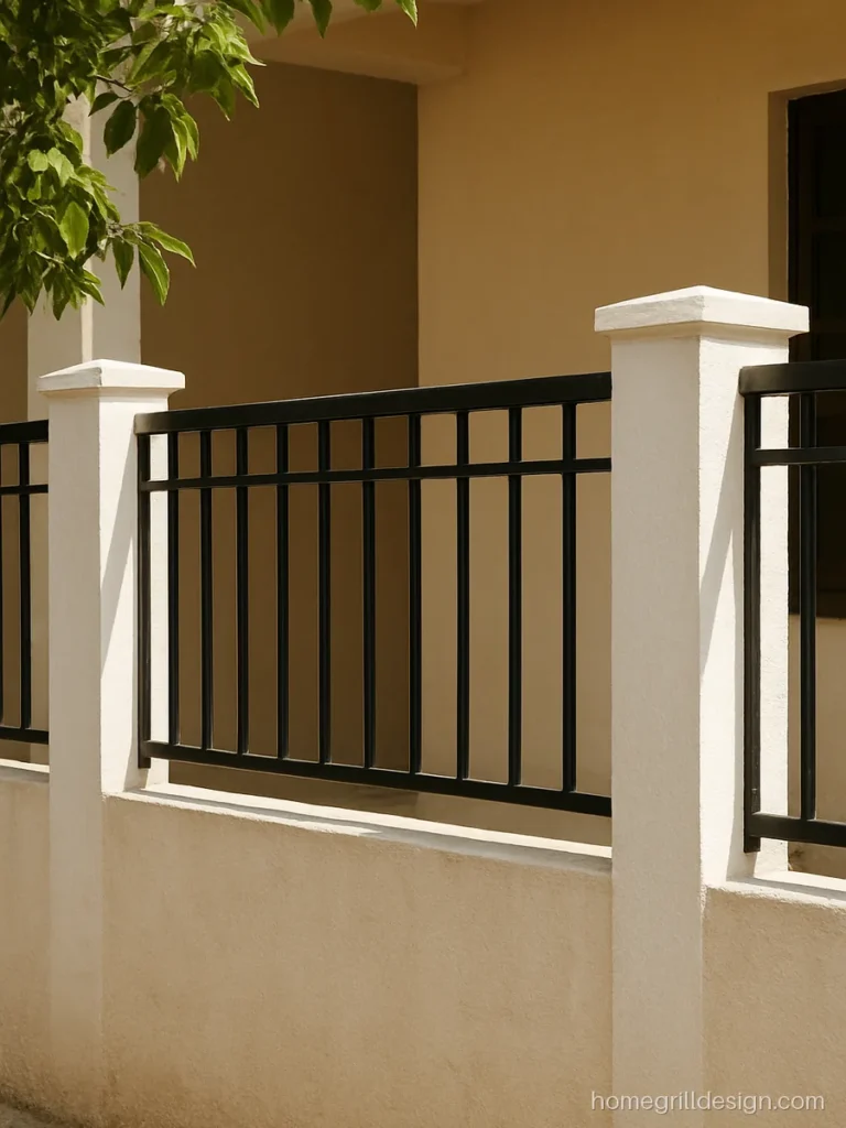 House front parapet wall design with black flat strip grill panels between plaster pillars