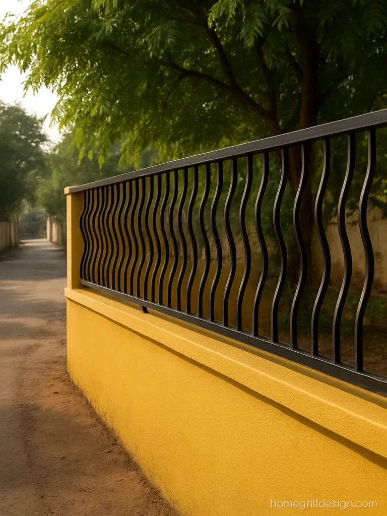 Boundary grill design with wavy bars on a yellow boundary wall
