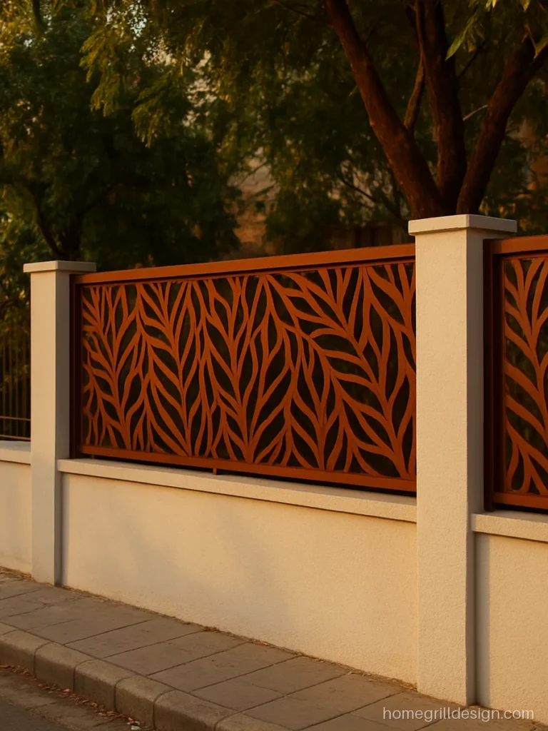 Boundary wall grill design with laser cut panels in rust colour