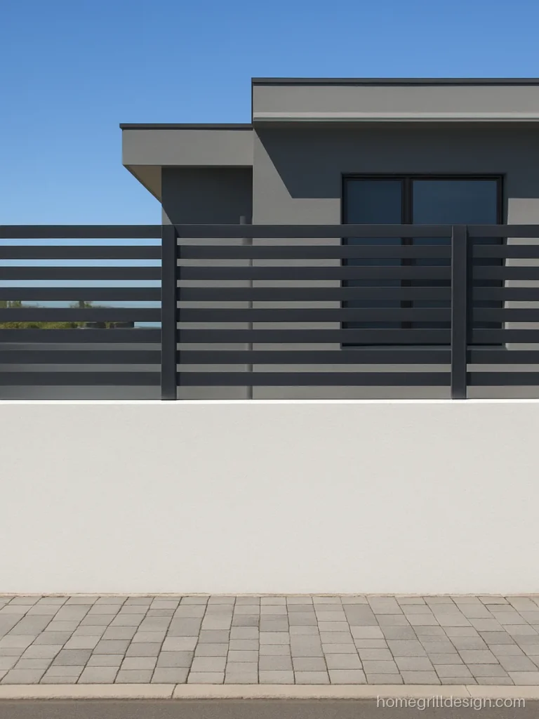 Compound grill with horizontal flat slats in charcoal on boundary wall