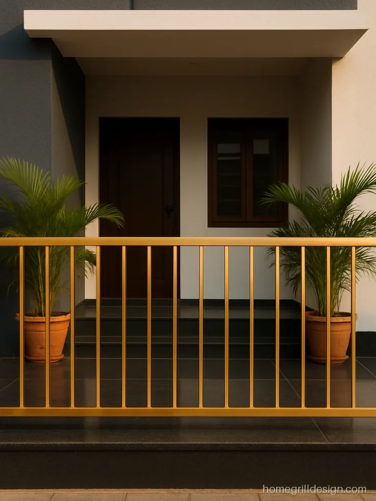 Modern steel railing design for house front in golden PVD finish