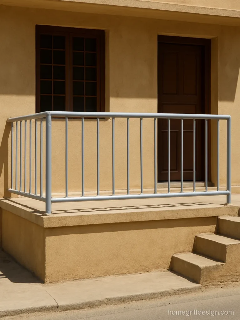 Front wall railing design on a raised plinth with grey pipe rails