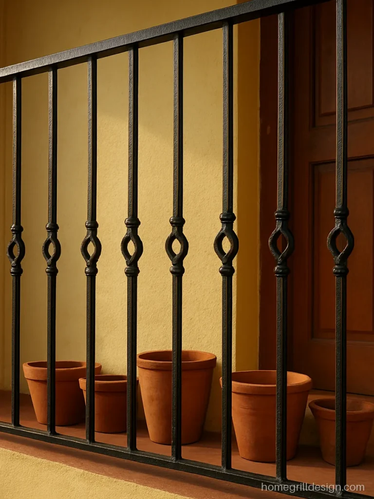 Iron railing design with twisted bars and rings in black